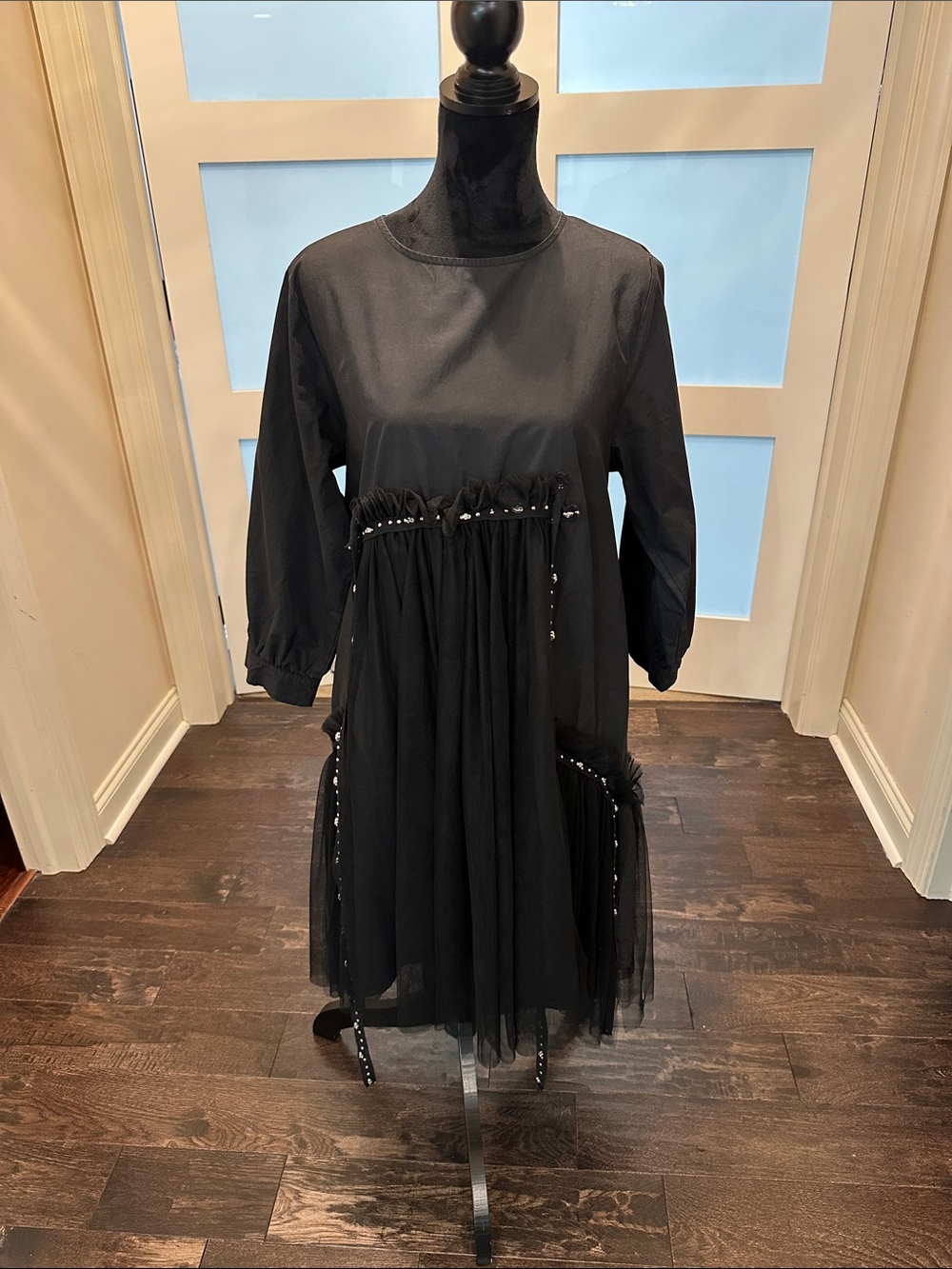 N By Nancy Black Women's Long Sleeve Tulle-Trim Midi Dress